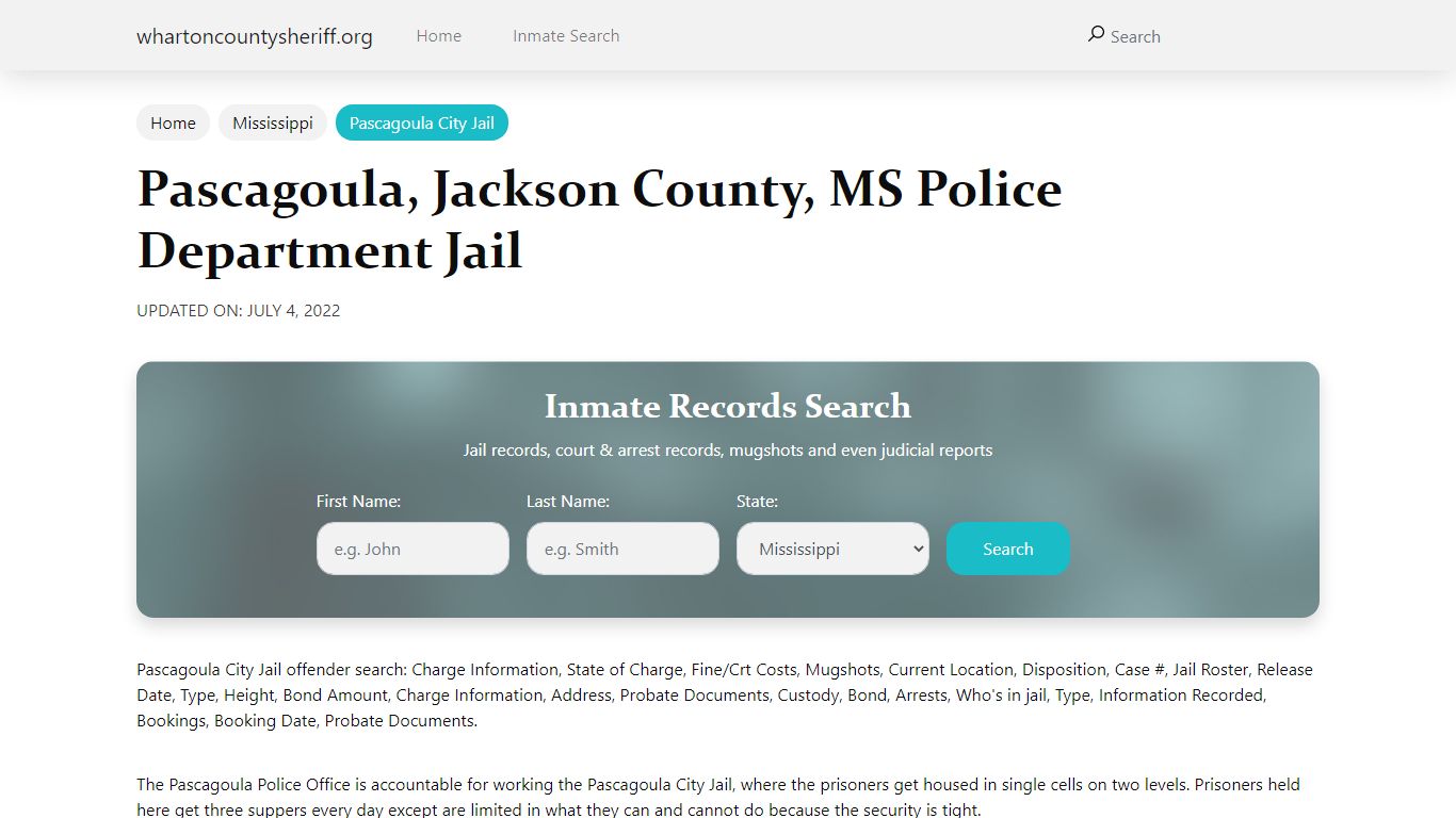 Pascagoula, MS City Jail Inmates, Arrests